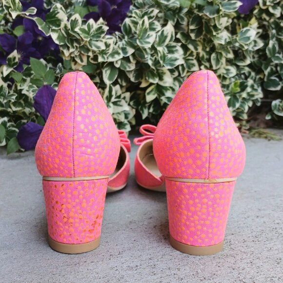 Shoedazzle Madison Neon Pink Orange Pointy toe Double D'orsay Bow Heels NWOT - Picture 4 of 6